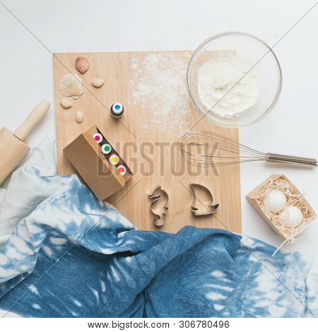 Baking Tools And Ingredients: Flour And Eggs, Food Dyes, Rolling Pin, Whisk, Cookie Cutters, Cutting