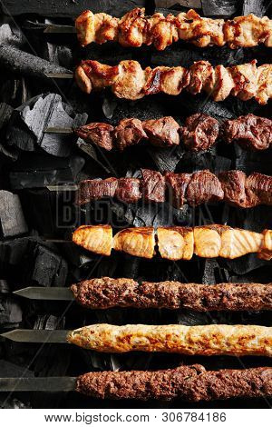 Set of Shish Kebabs or Barbecue Shashlik Collection on Charcoal Background. Skewered Grilled Cubes Mix of Poultry Chicken Meat, Salmon Fish, Beef and Lamb Top View
