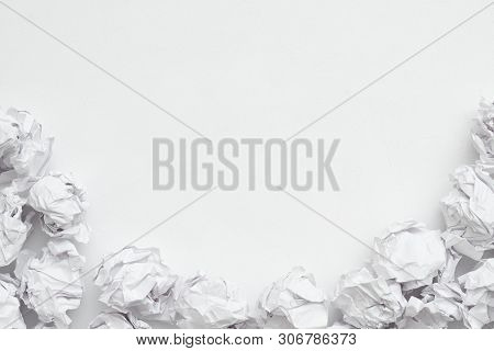 Creative Block. Flat Lay Of Wasted Crumpled Paper Ball Pile On White Surface. Abstract Background. C