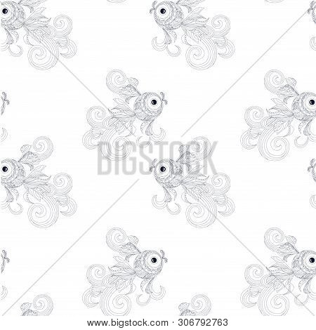 Fish Doodle Seamless Pattern. Marin Animal Monochrome Design Element Stock Vector Illustration For C