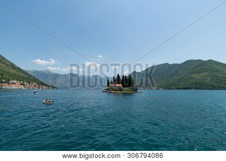 Perast, Montenegro - June 6.2019. Natural Islet With Saint George Benedictine Monastery.