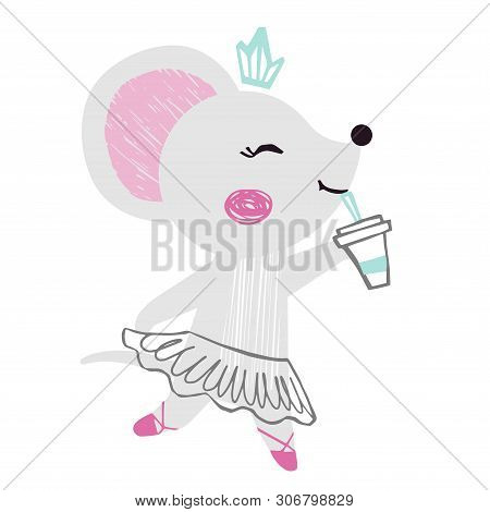 Mouse Baby Girl Cute Summer Print. Sweet Animal With Coffee Cup Ballet Skirt, Bow.
