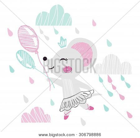 Mouse Baby Girl Cute Print. Sweet Animal Flying On Balloons Among Clouds With Ballet Tutu, Pointe, S