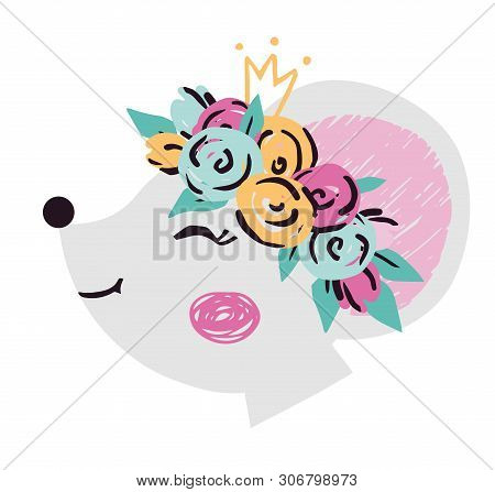Mouse Baby Girl Face Cute Print. Sweet Animal Princess Head With Crown And Flower Wreath.