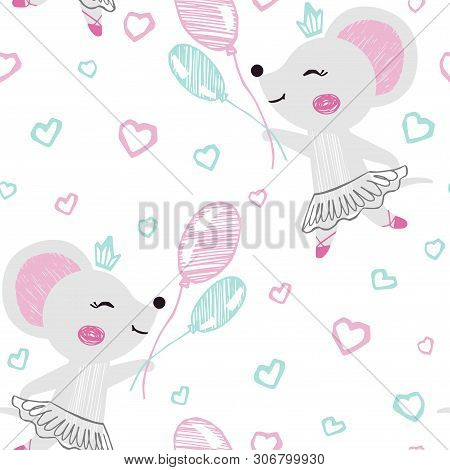 Mouse Baby Girl Cute Seamless Pattern. Sweet Animal Flying On Balloons Among Clouds. Ballet Tutu, Po