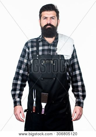 Cooking With Confidence. Master Cook Wearing Grilling Apron. Confident Grill Cook. Bearded Man With 