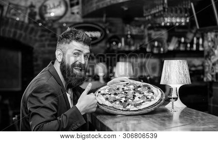 Man Received Delicious Pizza. Enjoy Your Meal. Cheat Meal Concept. Pizza Favorite Restaurant Food. F