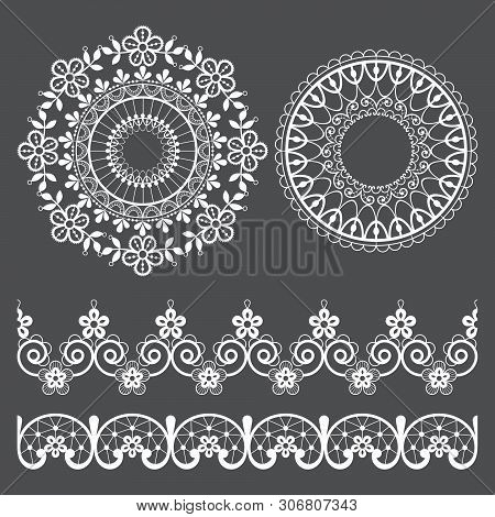 Mandala Lace Vector Pattern And Horizontal Long Lace Design Set, Vintage Round Design With Flowers A
