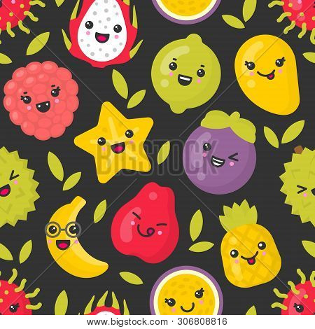 Cute Smiling Exotic Fruits, Vector Seamless Pattern On Dark Background