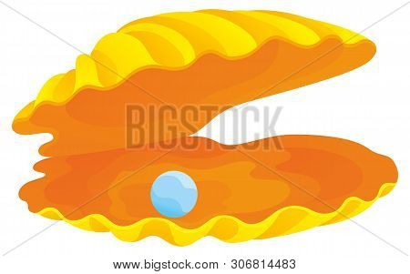 Vector Illustration Blue Pearl In Yellow And Orange Shell. Sea. Underwater World.