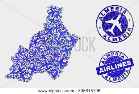 Aircraft Vector Almeria Province Map Mosaic And Scratched Seals. Abstract Almeria Province Map Is Or