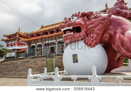 Nantou, Taiwan - May 30th, 2019: famous landmark of Wenwu temple in Sun Moon Lake, Nantou, Taiwan