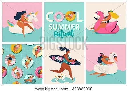 Flamingo, Unicorn And Swan Inflatable Swimming Pool Floats. Cartoon Set Of Summer Time With Girls, P