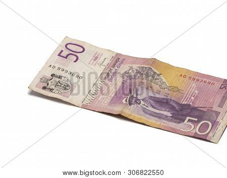 One Banknote Worth 50 Serbian Dinars With A Portrait Of Violinist Stevan Mokranyats Isolated On A Wh