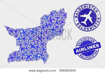 Airplane Vector Balochistan Province Map Mosaic And Grunge Stamps. Abstract Balochistan Province Map