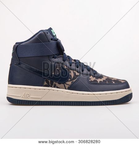 Vienna, Austria - August 10, 2017: Nike Air Force 1 High Lib Qs Khaki And Obsidian Sneaker On White 