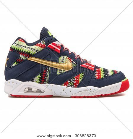 Vienna, Austria - August 10, 2017: Nike Air Tech Challenge 3 Qs Obsidian, Red, Green And Gold Sneake