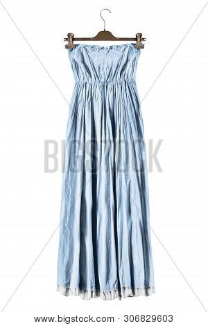 Blue Long Strapless Dress Hanging On Clothes Rack Isolated Over White