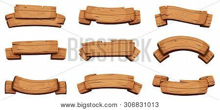 Wooden Banners. Rustic Signboards And Direction Boards Wooden Blank Ribbons Vector Design Template. 