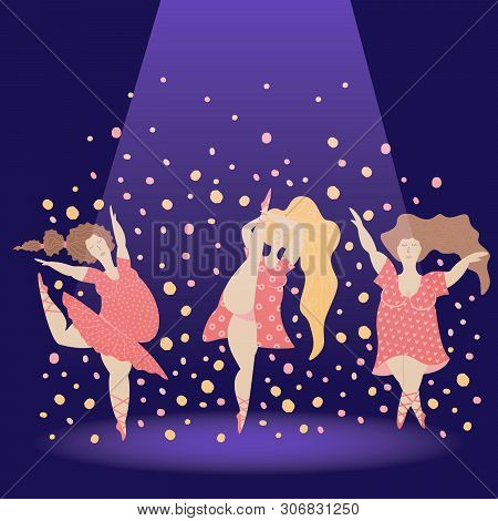 Dancing Disco Overweight Women. Body Positive Girl Danse On Scene. Cheerful Plus Size Women.