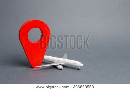 Red Position Pin And Passenger Airliner. Air Travel And Tourism, Travel. Destination Point. Free Mov