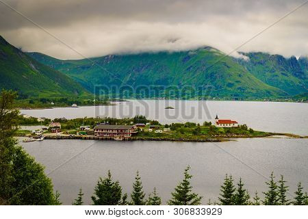 Fjord Landscape With Sildpollnes Chapel, Lofoten Islands, Sildpollneset Peninsula On Of Austvagoya, 