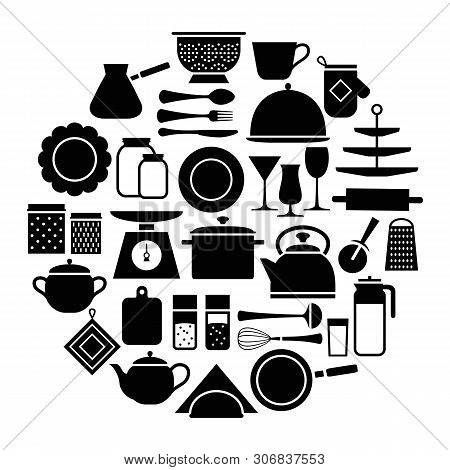 Cooking Set In Circle Template Of Modern Silhouette Icons Home Tableware, Household And Kitchen Uten