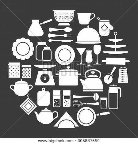 Cooking Set In Circle Template Of Modern Silhouette Icons Home Tableware, Household And Kitchen Uten