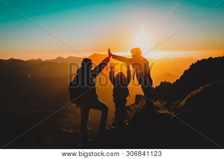 Father With Kids Travel In Sunset Mountains, Family Play In Nature