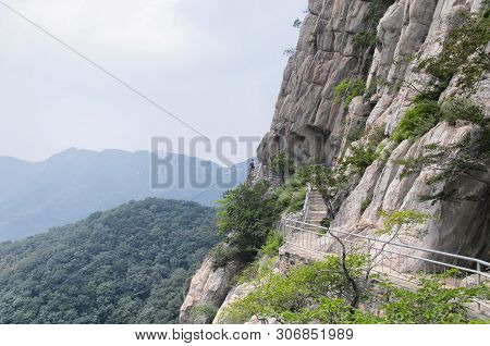 The Sanhuang Plank Way Secured To The Cliff Side On Mount Song In Henan Province China.