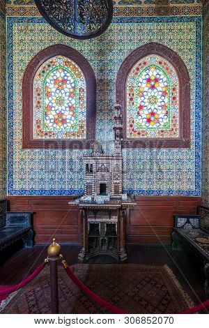 Cairo, Egypt- August 26 2018: Turkish Ceramic Tiles Wall, Ornate Ceiling And Stained Glass Windows, 