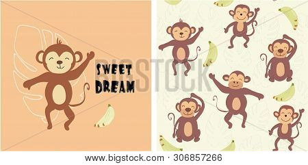 Set Of Monkey Print And Seamless Pattern With Monkeys.vector