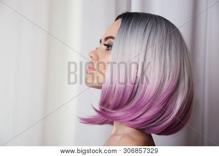 Ombre Bob Short Hairstyle. Beautiful Hair Coloring Woman. Trendy Puprle Haircut. Blond Model With Sh