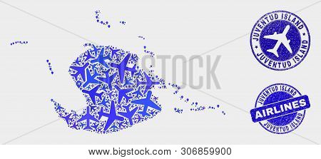 Aircraft Vector Juventud Island Map Composition And Scratched Stamps. Abstract Juventud Island Map I
