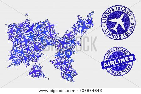 Aircraft Vector Limnos Island Map Mosaic And Grunge Seals. Abstract Limnos Island Map Is Formed With