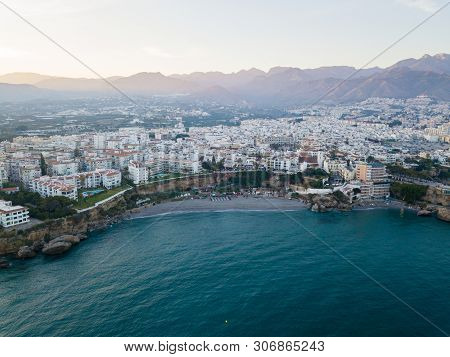 Nerja, Spain - May 28, 2019: Aerial Drone View Of Nerja And The Mediterranean Sea During Sunset.