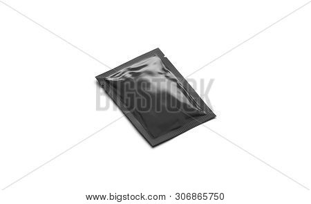 Blank black sachet packet mockup, isolated, side view, 3d rendering. Empty sealed parcel with sauce, mayonnaise, ketchup. Clear airtight small pack for tea. Clean rectangular case with cosmetics.