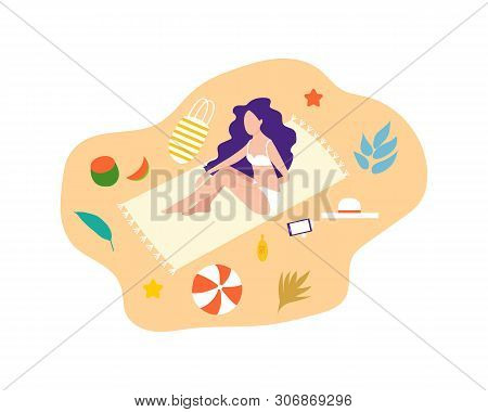 Girl Lying On Beach In A Sweemsuit. Girls Relax On The Beach.