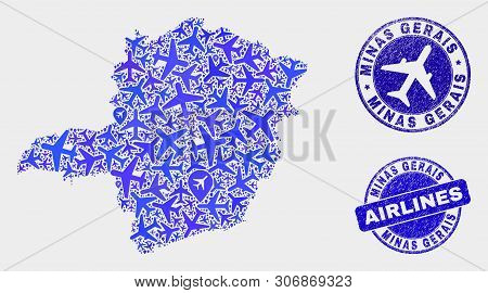 Airlines Vector Minas Gerais State Map Composition And Grunge Stamps. Abstract Minas Gerais State Ma