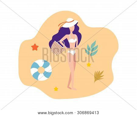 Girl  On Beach In A Sweemsuit. Girls Relax On The Beach.
