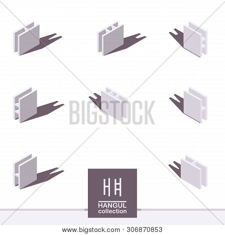 Korean Alphabet In Isometric Style, Drawn With White And Grey Shades And Shadows. Vector Collection 