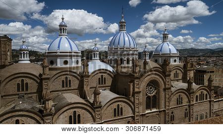 Aeiral Drone View Of Dome Of New Cathedral In Cuenca Ecuador As Seen From The Seminary.