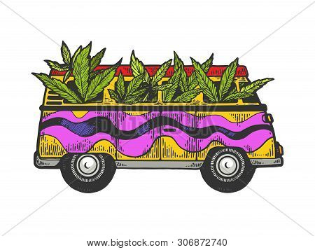 Minibus Van With Weed Cannabis Leaf Color Sketch Engraving Vector Illustration. Scratch Board Style 