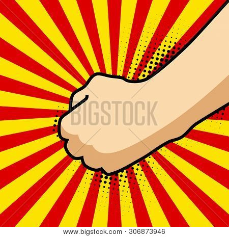 A pop art cartoon comics poster with fist and explosion bubble on comic background.
