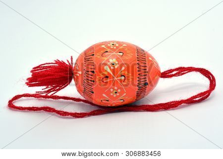 Wooden Easter Egg With The Red String.