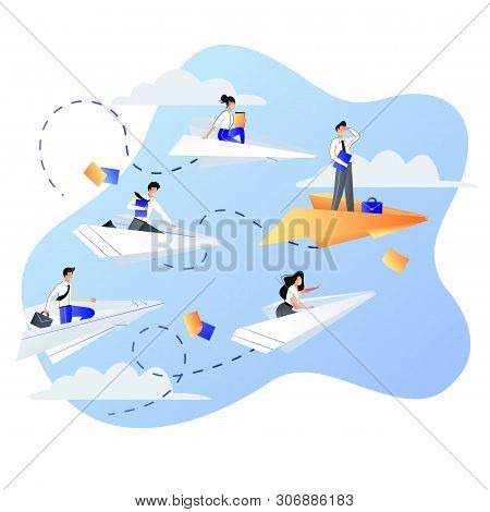 Leadership, Career And Success Business Concept. Businessmen People Flying On Four White And One Red