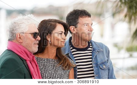 CANNES, FRANCE - MAY 18, 2019: Pedro Almodovar, Penelope Cruz and Antonio Banderas attend the photocall for 