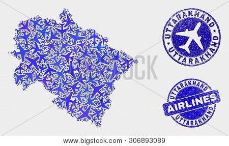 Air Plane Vector Uttarakhand State Map Mosaic And Scratched Watermarks. Abstract Uttarakhand State M