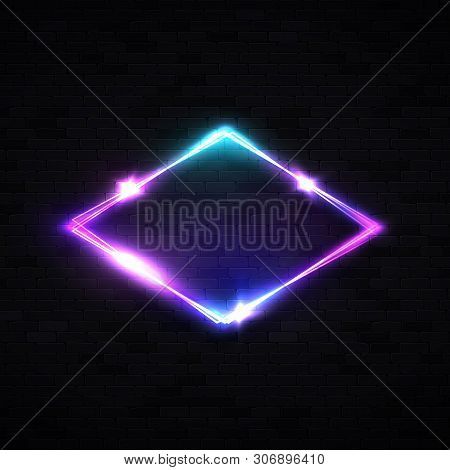 Neon Rhombus Background On Black Brick Wall. Retro Light Lozenge Sign With Neon Effect. Technology S