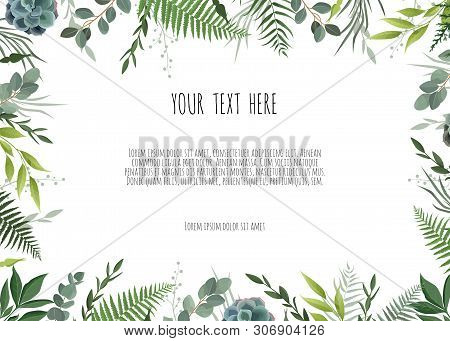 Green Branches Leaves Foliage, Border, Frame. Floral Poster, Invite.